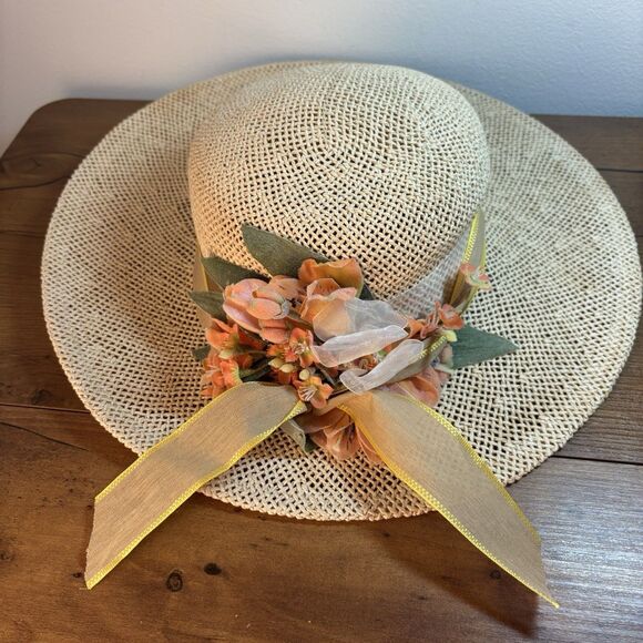 VTG Cappelli Florida Woven Straw Sun Hat Floral Ribbon Classic Cottage - Picture 3 of 11